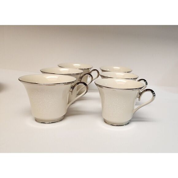 Lenox Moonspun Footed 6 Set Of Cup & Saucer Ivory/Silver Trim - Picture 10 of 11